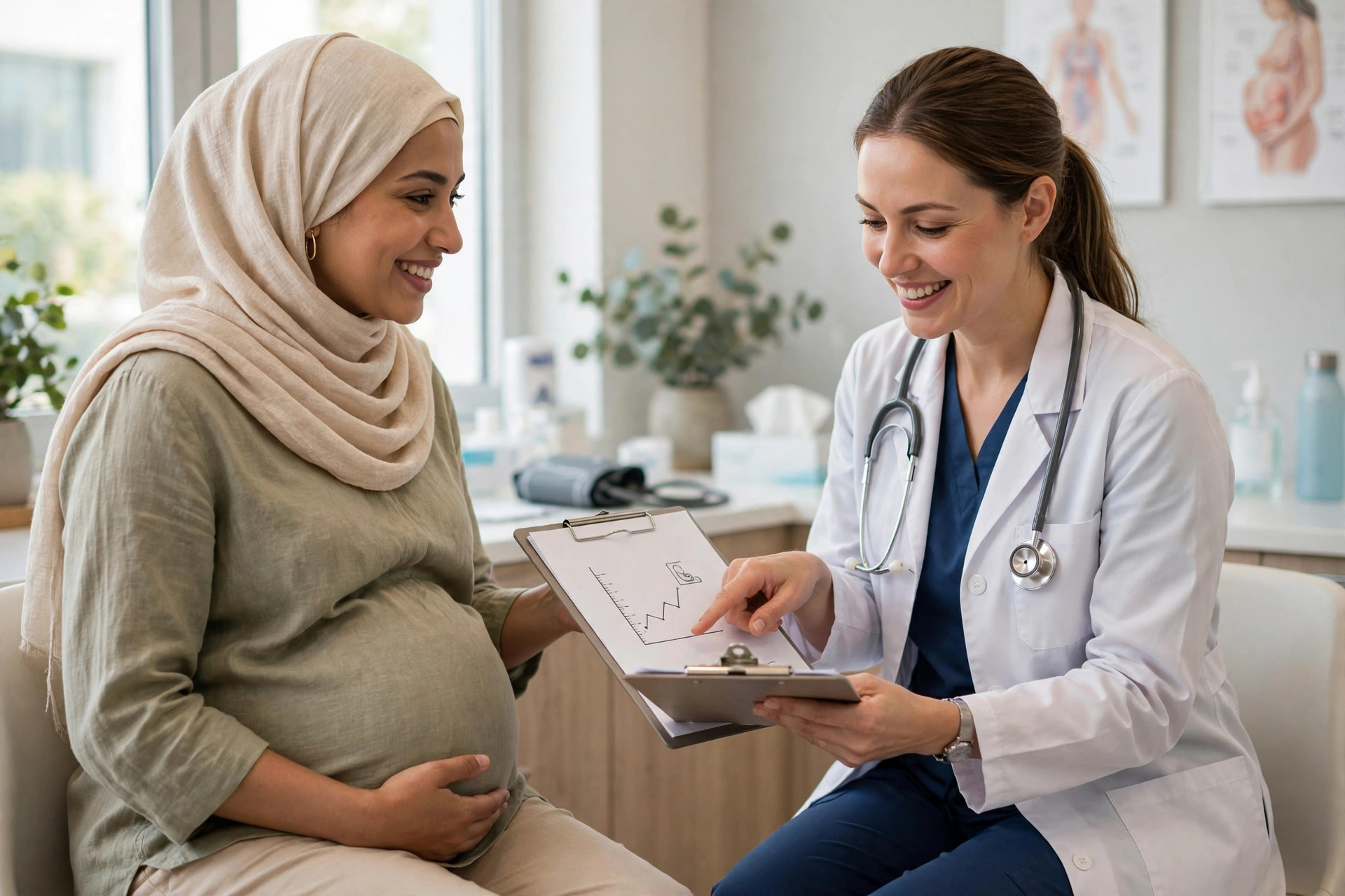 Pregnant Arab woman consulting her doctor at a prenatal checkup