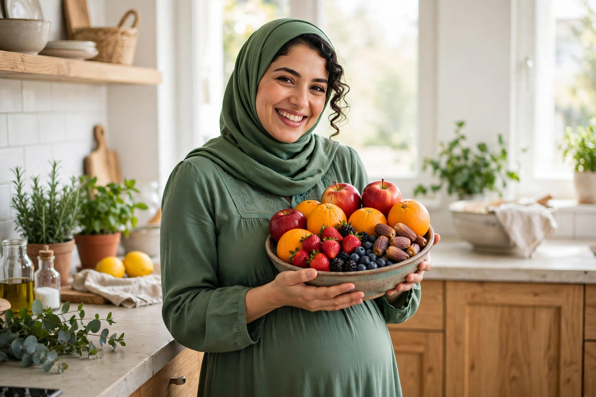 Pregnant Arab woman enjoying fresh healthy fruits during pregnancy
