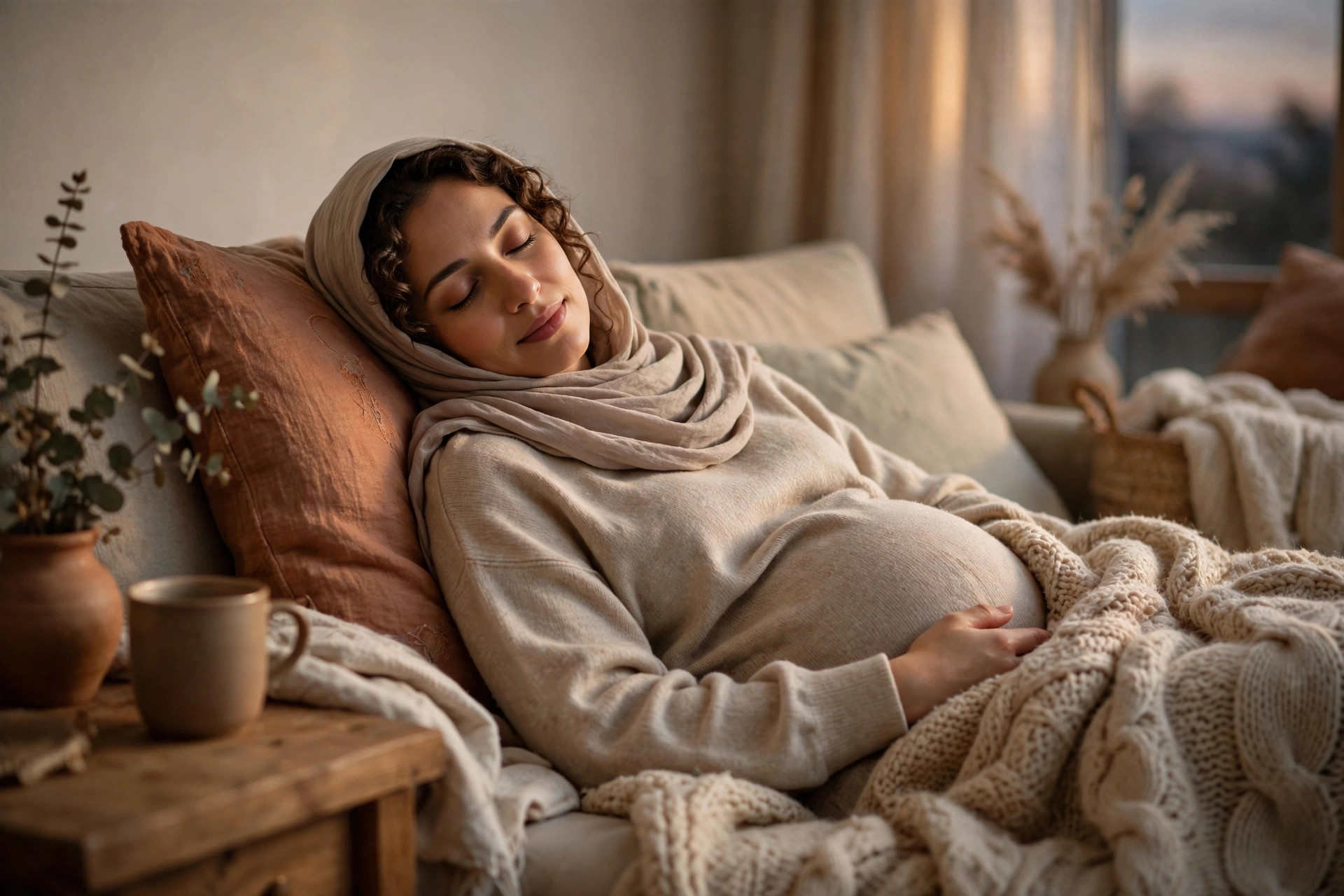 Pregnant Arab woman resting peacefully on a sofa