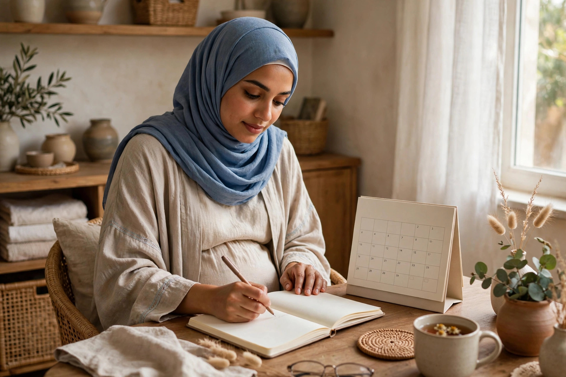 Pregnant Arab woman tracking her pregnancy weeks in a journal