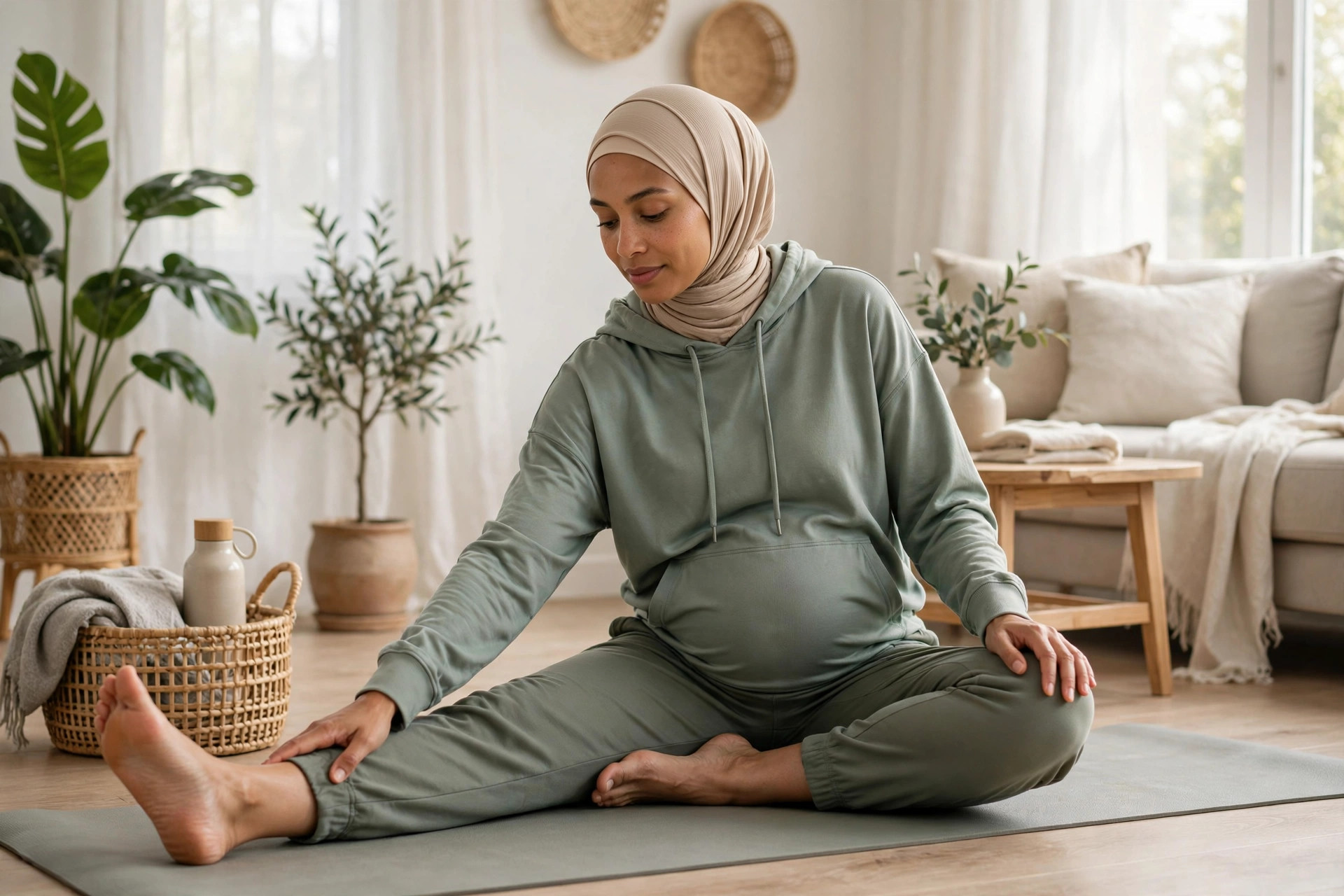 Pregnant woman doing gentle safe prenatal stretching exercises